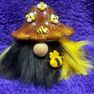 Bee-Themed Mushroom Gnome Measures 3-3/4 tall, Hand made